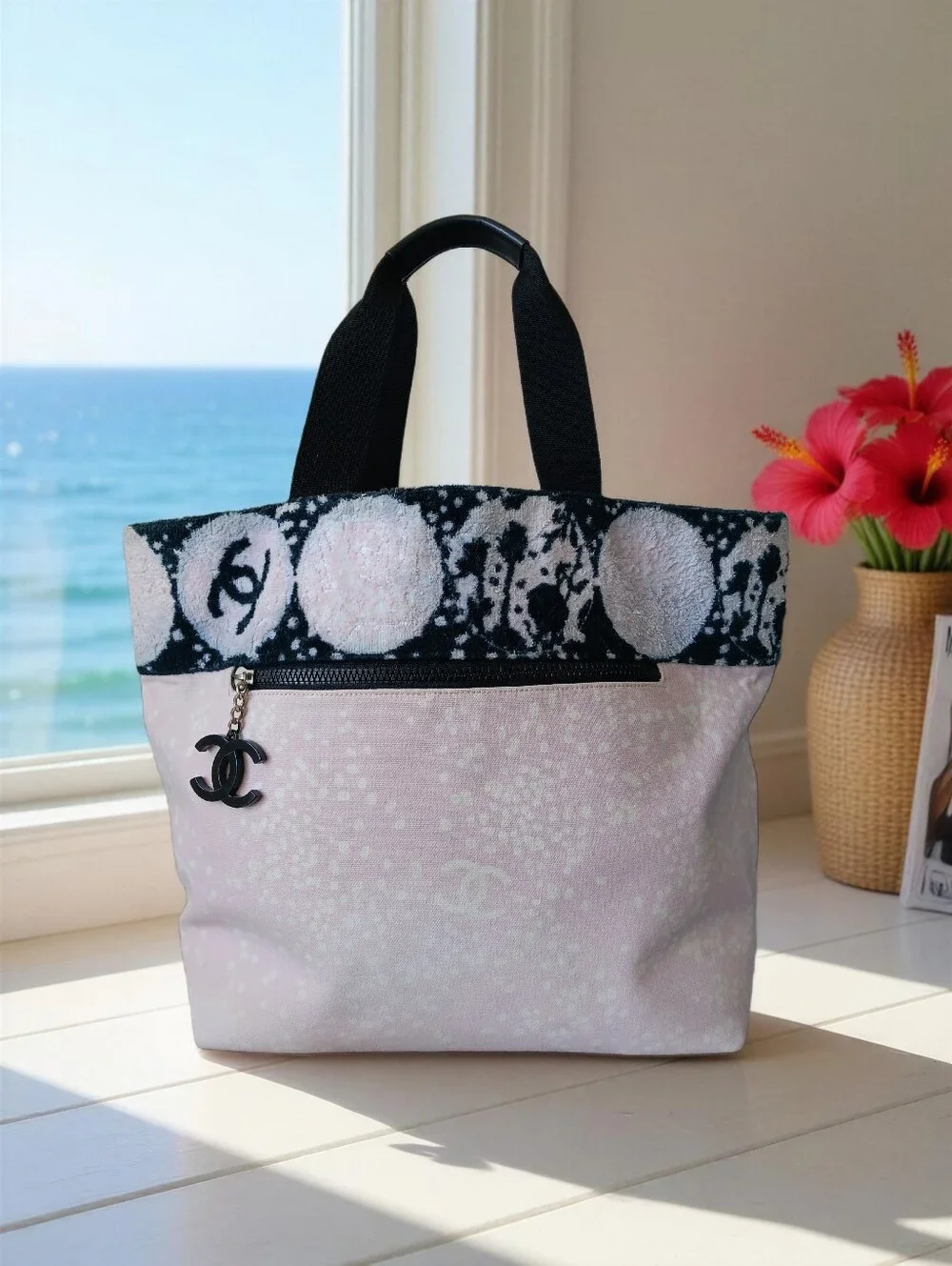 Chanel Pink Canvas & Terry Cloth CC Summer Beach Tote Bag ✨ COA